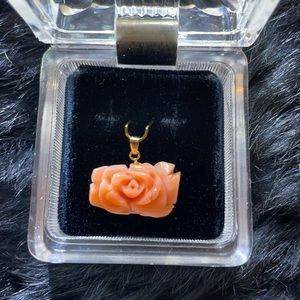 Vintage Angel Skin Coral Rose carved pendant with 14K jump ring